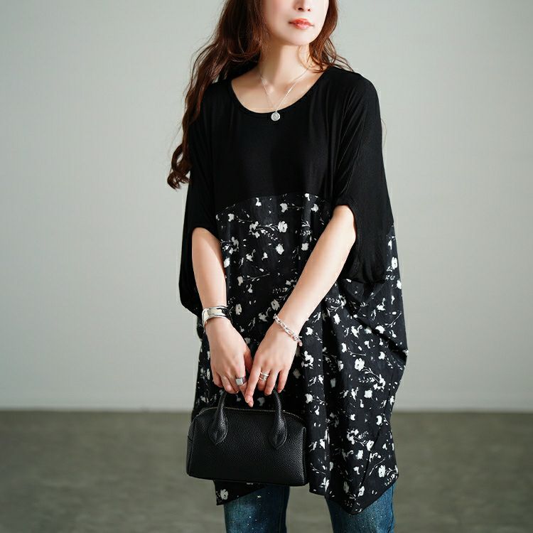 大きいサイズ レディース 花柄切り替えドルマンチュニック jp555