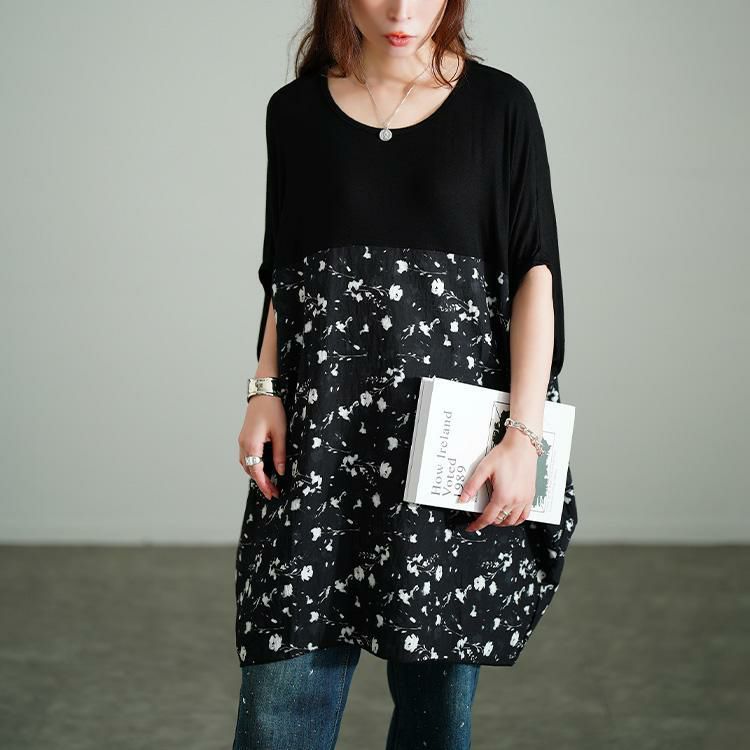 大きいサイズ レディース 花柄切り替えドルマンチュニック　jp555 【メール便可】 ブラック