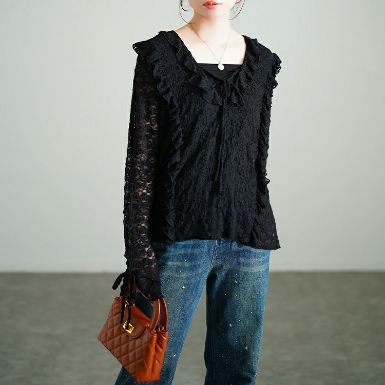 大きいサイズ レディース 編み上げフリルレースプルオーバー　sw-0773 【メール便可】