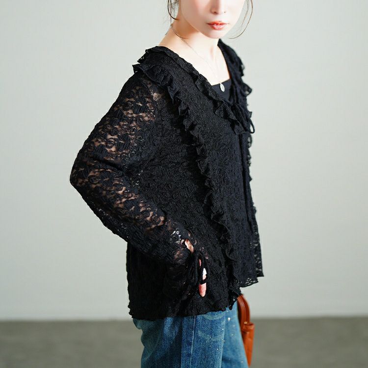 大きいサイズ レディース 編み上げフリルレースプルオーバー　sw-0773 【メール便可】