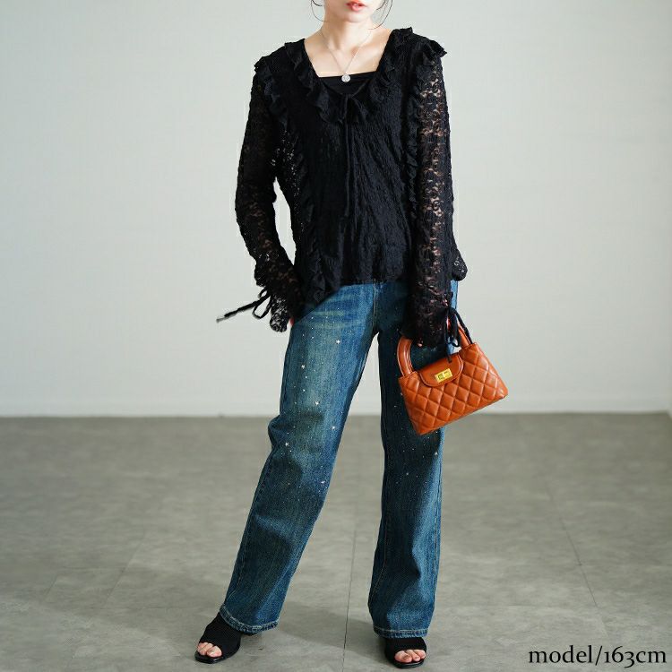 大きいサイズ レディース 編み上げフリルレースプルオーバー　sw-0773 【メール便可】