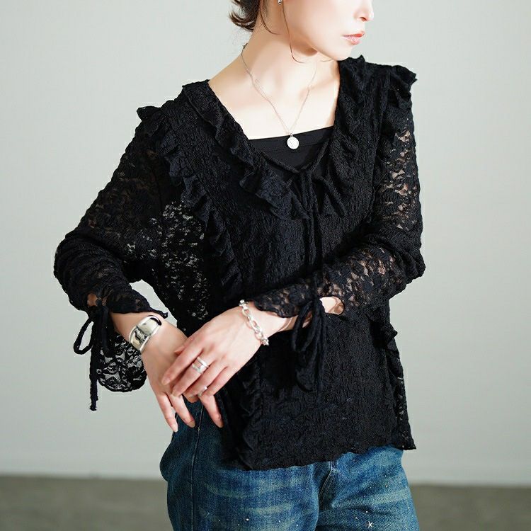 大きいサイズ レディース 編み上げフリルレースプルオーバー　sw-0773 【メール便可】