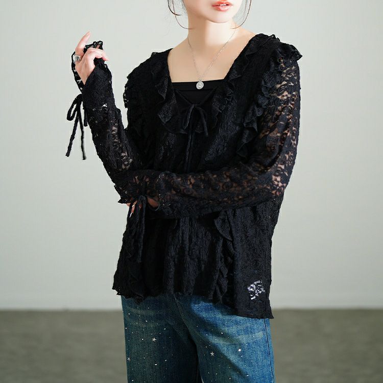 大きいサイズ レディース 編み上げフリルレースプルオーバー　sw-0773 【メール便可】