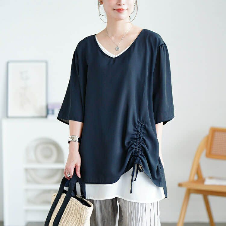 大きいサイズ レディース ドロストフェイクレイヤードチュニック　jp540 【メール便可】