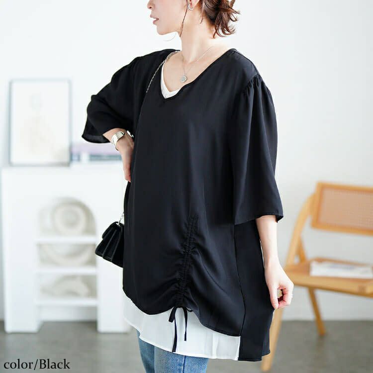 大きいサイズ レディース ドロストフェイクレイヤードチュニック　jp540 【メール便可】