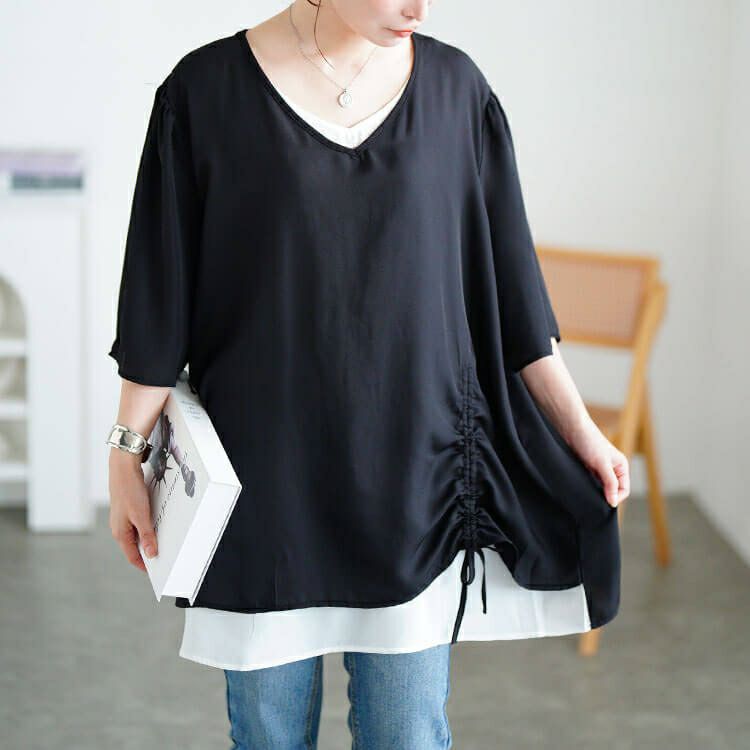 大きいサイズ レディース ドロストフェイクレイヤードチュニック　jp540 【メール便可】