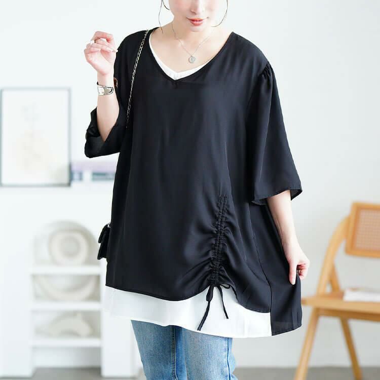 大きいサイズ レディース ドロストフェイクレイヤードチュニック　jp540 【メール便可】 ブラック