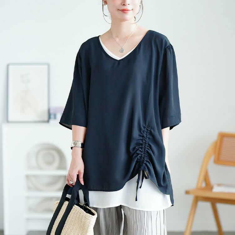 大きいサイズ レディース ドロストフェイクレイヤードチュニック　jp540 【メール便可】 ネイビー