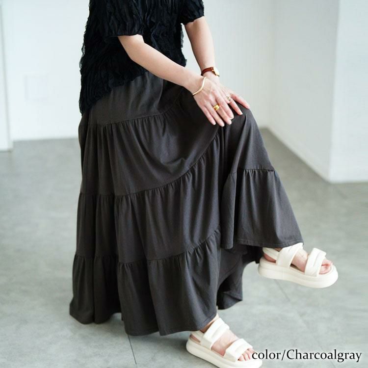 大きいサイズ レディース コットンティアードスカート　wk-0558 チャコールグレー
