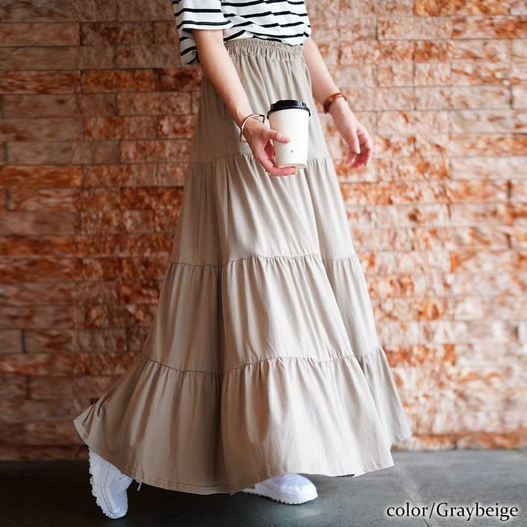 大きいサイズ レディース コットンティアードスカート　wk-0558 グレーベージュ