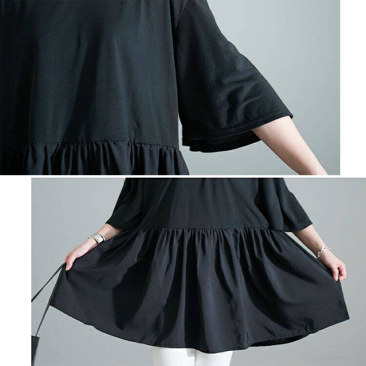 大きいサイズ レディース Vネック異素材切り替えペプラムチュニック　bai-0189