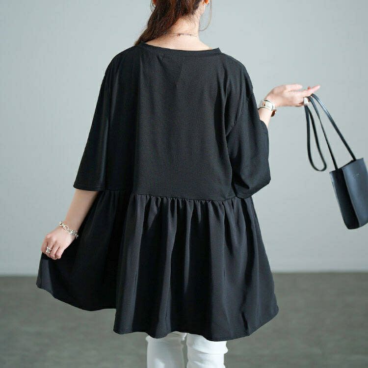 大きいサイズ レディース Vネック異素材切り替えペプラムチュニック　bai-0189