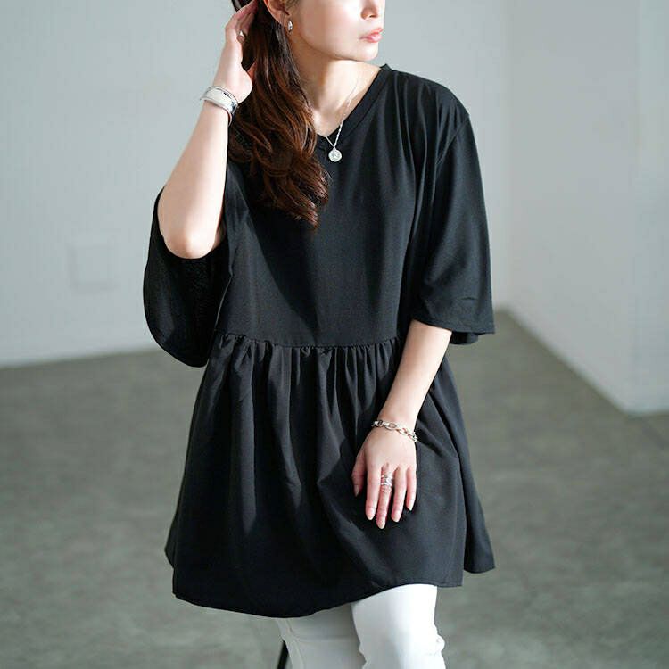 大きいサイズ レディース Vネック異素材切り替えペプラムチュニック　bai-0189