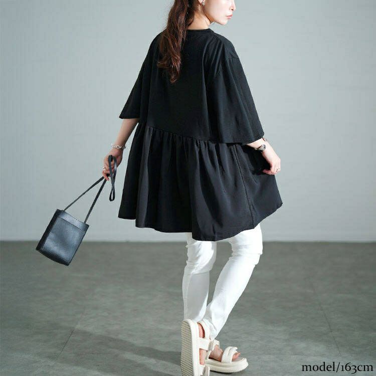 大きいサイズ レディース Vネック異素材切り替えペプラムチュニック　bai-0189