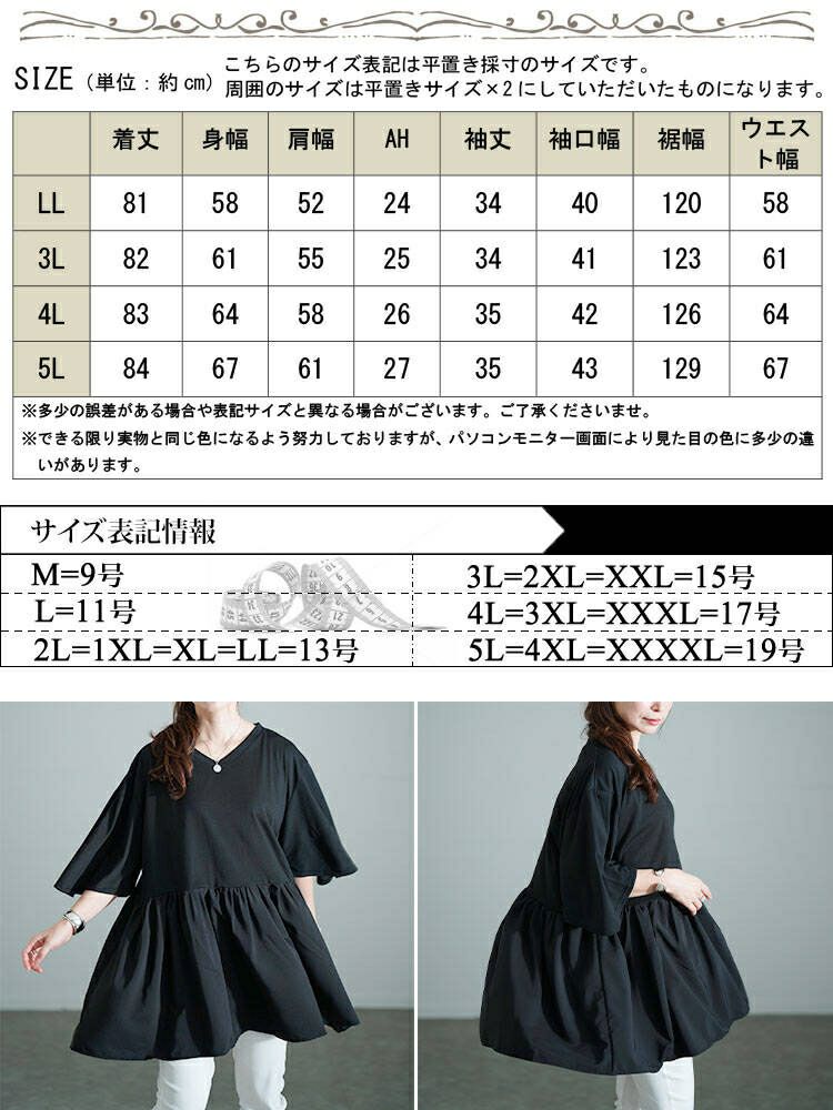 大きいサイズ レディース Vネック異素材切り替えペプラムチュニック　bai-0189