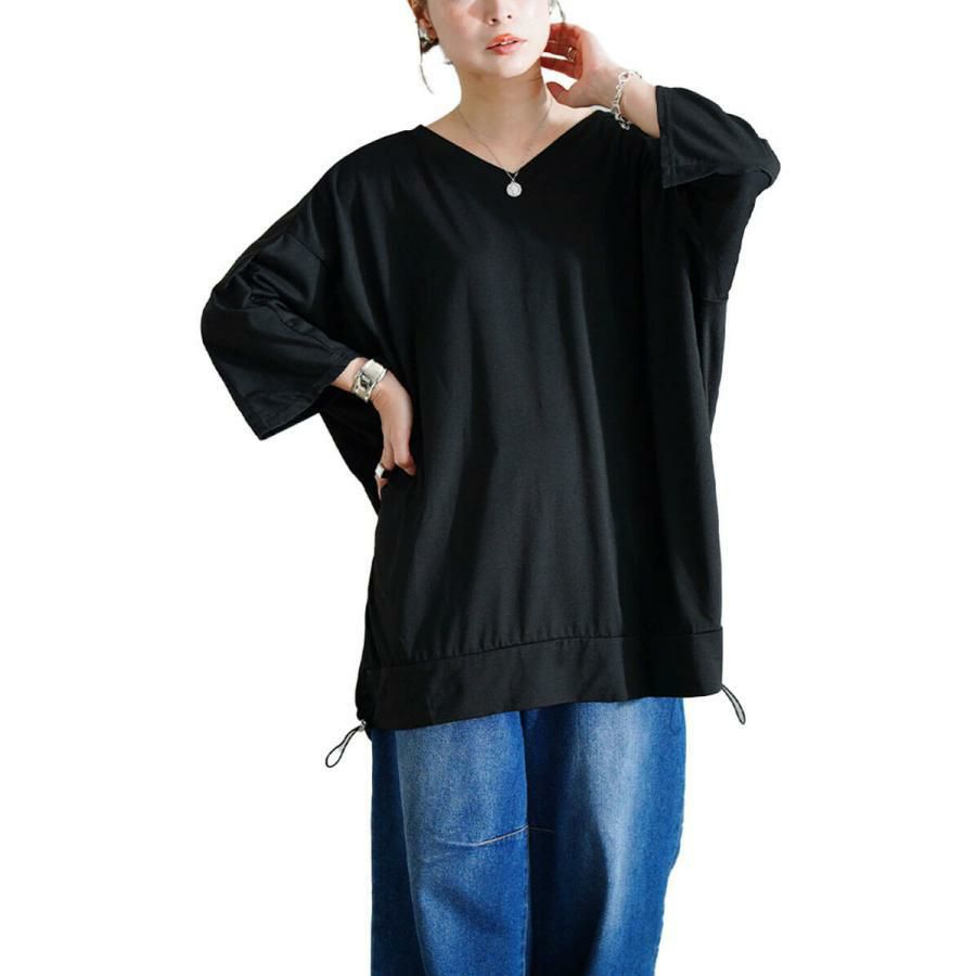 大きいサイズ レディース Vネックバックドロストチュニック　bai-0188 ブラック