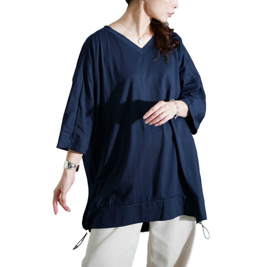 大きいサイズ レディース Vネックバックドロストチュニック　bai-0188 ネイビー