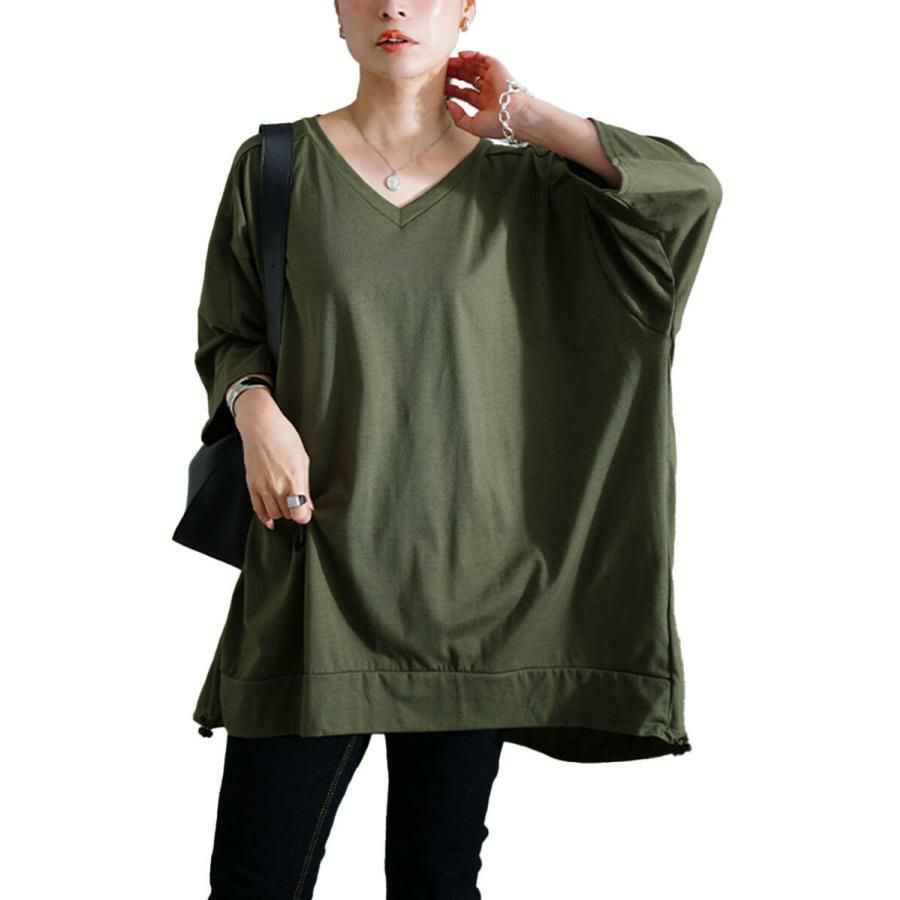大きいサイズ レディース Vネックバックドロストチュニック　bai-0188 カーキ