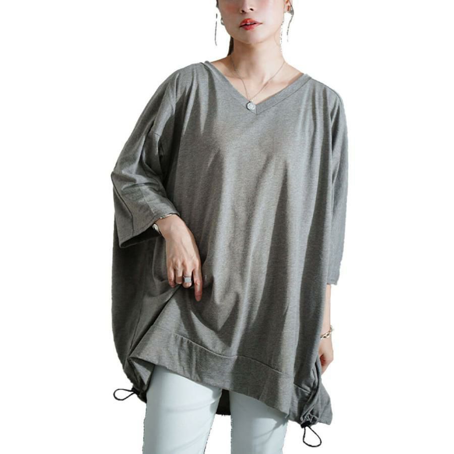大きいサイズ レディース Vネックバックドロストチュニック　bai-0188 杢チャコール