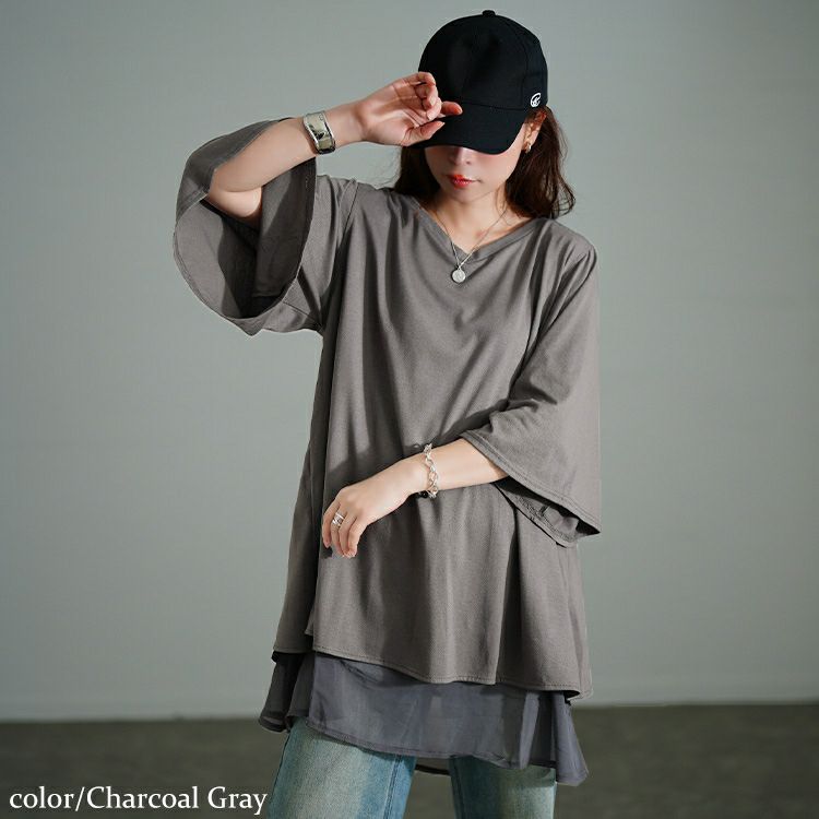 大きいサイズ レディース 異素材レイヤードバックシャンチュニック　bai-0187
