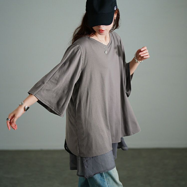 大きいサイズ レディース 異素材レイヤードバックシャンチュニック　bai-0187