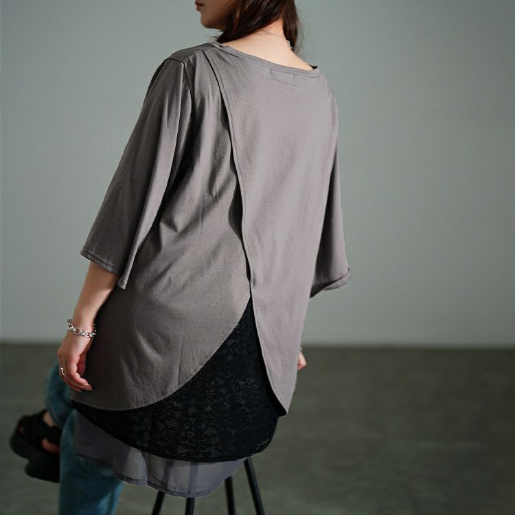 大きいサイズ レディース 異素材レイヤードバックシャンチュニック　bai-0187