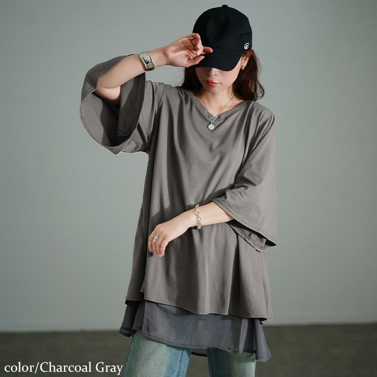 大きいサイズ レディース 異素材レイヤードバックシャンチュニック　bai-0187 チャコールグレー