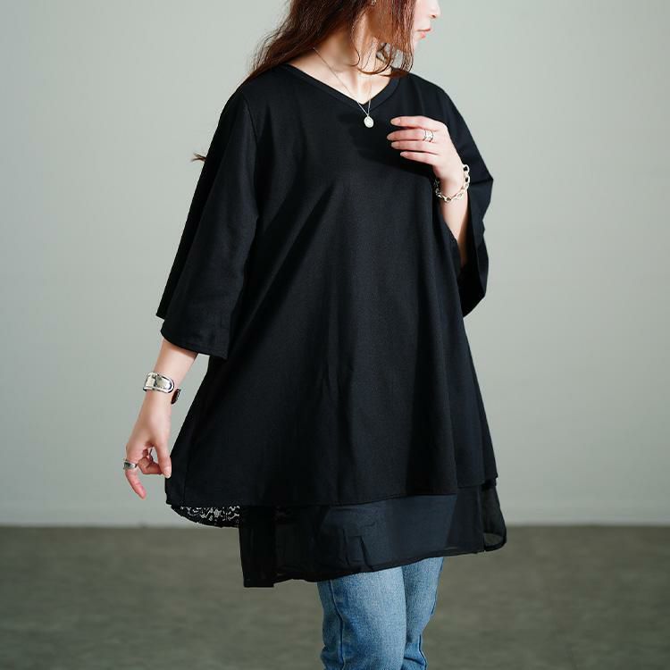 大きいサイズ レディース 異素材レイヤードバックシャンチュニック　bai-0187 ブラック