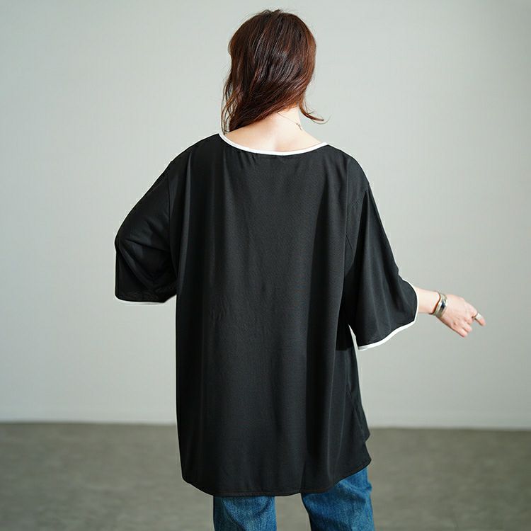 大きいサイズ レディース 配色パイピングスリットスリーブチュニック　bai-0186 【メール便可】
