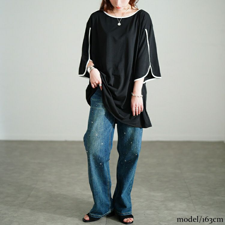 大きいサイズ レディース 配色パイピングスリットスリーブチュニック　bai-0186 【メール便可】
