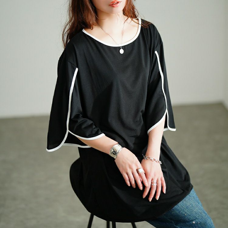 大きいサイズ レディース 配色パイピングスリットスリーブチュニック　bai-0186 【メール便可】
