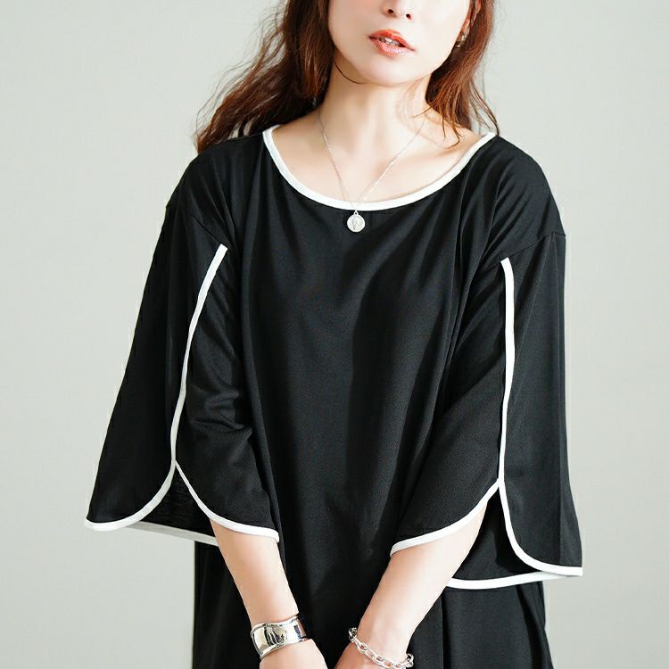大きいサイズ レディース 配色パイピングスリットスリーブチュニック　bai-0186 【メール便可】