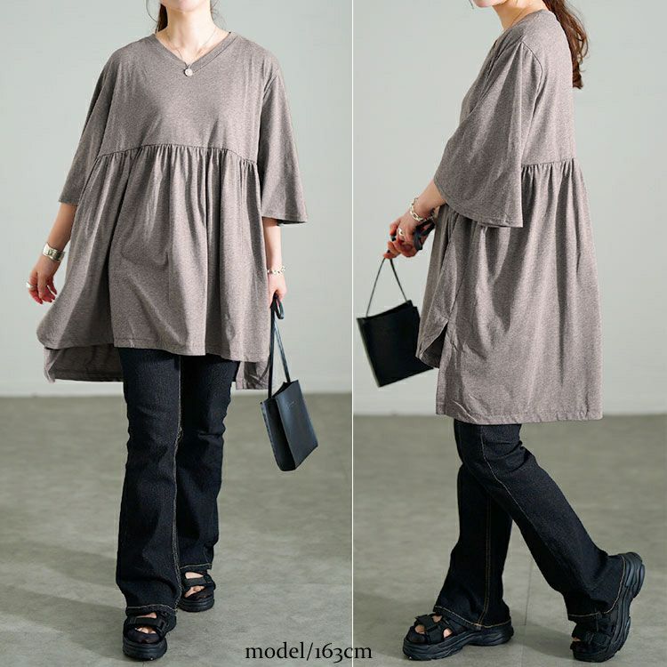 大きいサイズ レディース Vネックフレアスリーブペプラムチュニック　bai-0185