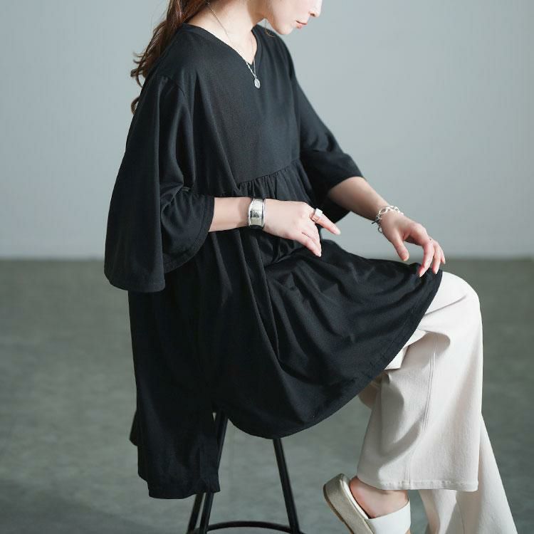 大きいサイズ レディース Vネックフレアスリーブペプラムチュニック　bai-0185 ブラック