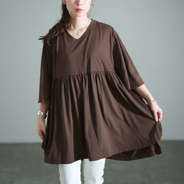 大きいサイズ レディース Vネックフレアスリーブペプラムチュニック　bai-0185 ブラウン