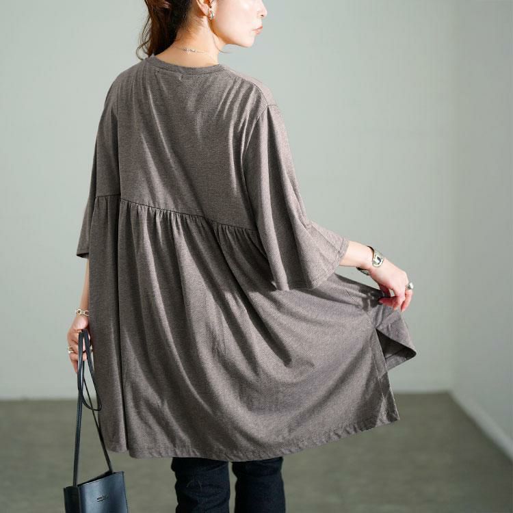 大きいサイズ レディース Vネックフレアスリーブペプラムチュニック　bai-0185 杢チャコール