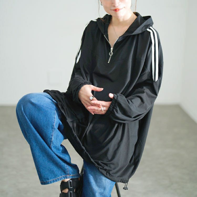 大きいサイズ レディース 配色ラインハーフZIPパーカーチュニック　bai-0184