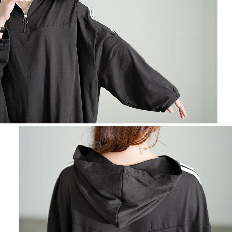 大きいサイズ レディース 配色ラインハーフZIPパーカーチュニック　bai-0184