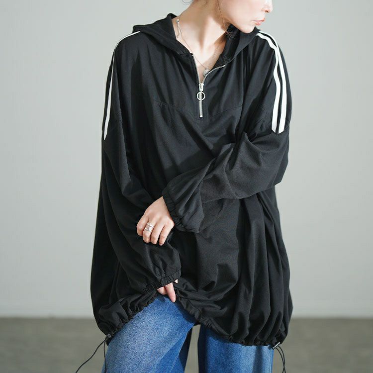 大きいサイズ レディース 配色ラインハーフZIPパーカーチュニック bai