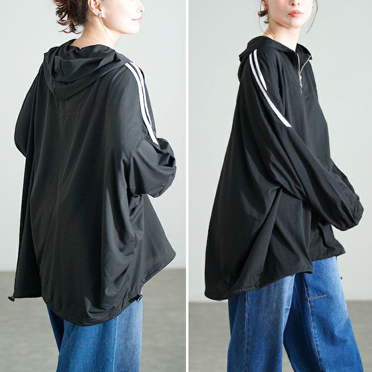 大きいサイズ レディース 配色ラインハーフZIPパーカーチュニック bai