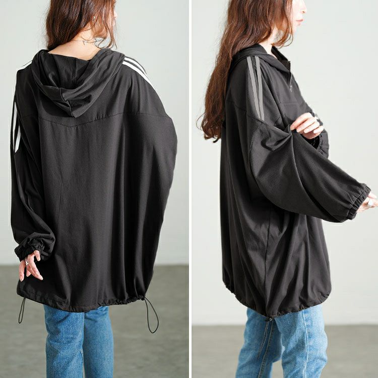 大きいサイズ レディース 配色ラインハーフZIPパーカーチュニック　bai-0184