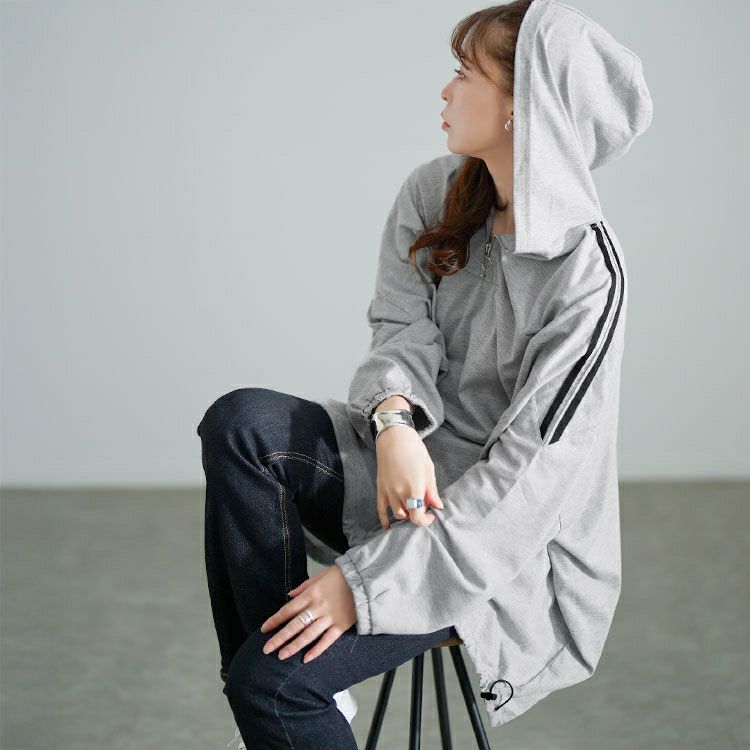 大きいサイズ レディース 配色ラインハーフZIPパーカーチュニック　bai-0184
