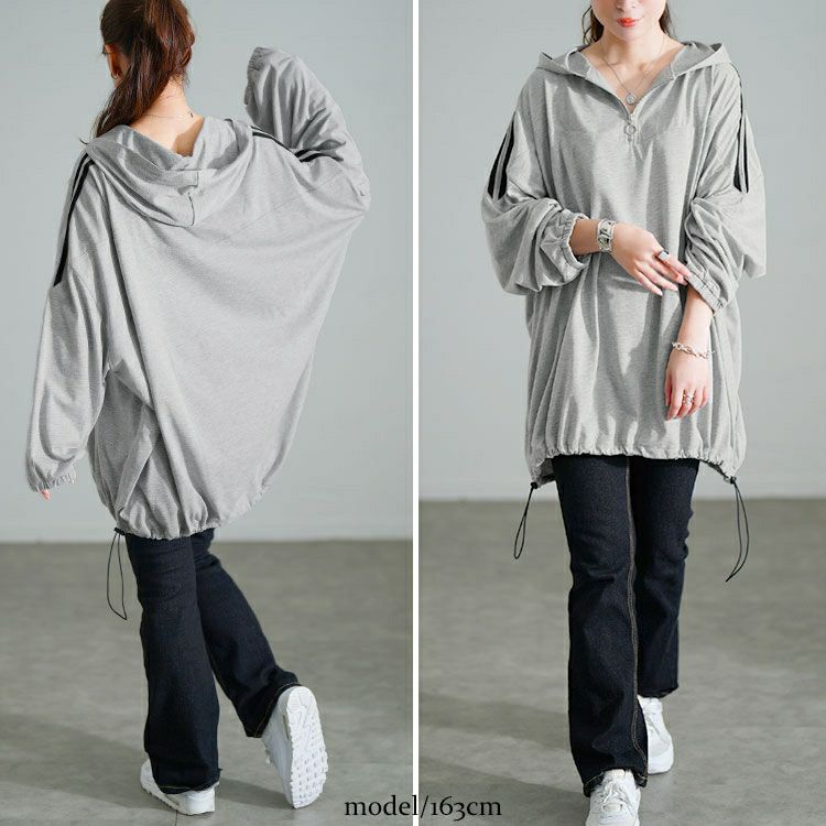 大きいサイズ レディース 配色ラインハーフZIPパーカーチュニック bai