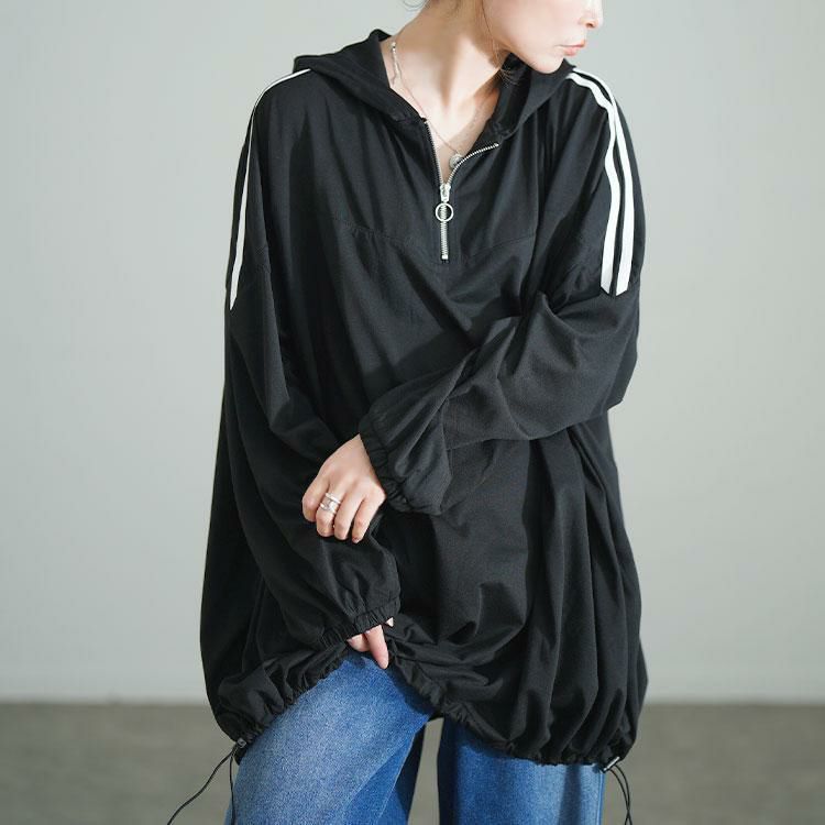 大きいサイズ レディース 配色ラインハーフZIPパーカーチュニック　bai-0184 ブラック
