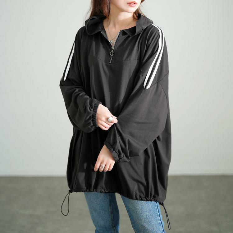 大きいサイズ レディース 配色ラインハーフZIPパーカーチュニック　bai-0184 チャコール