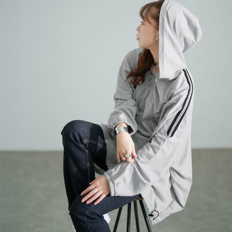 大きいサイズ レディース 配色ラインハーフZIPパーカーチュニック　bai-0184 杢グレー