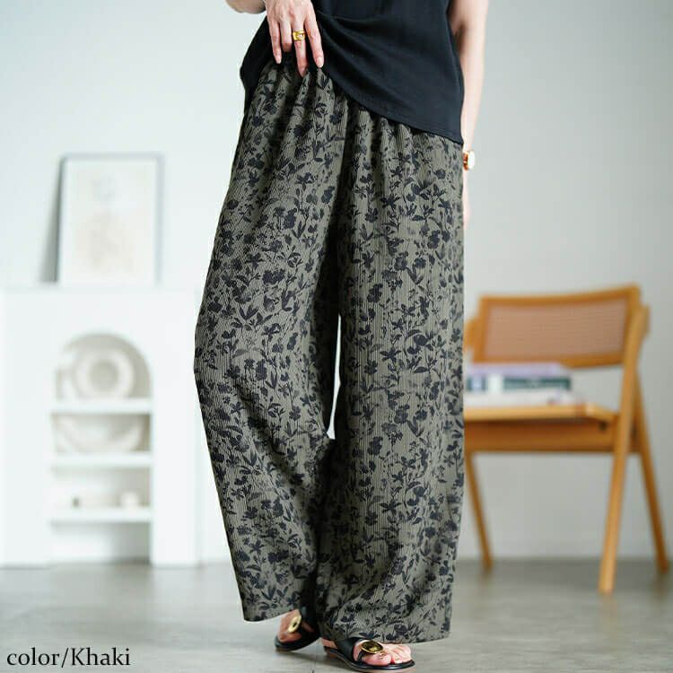 大きいサイズ レディース 花柄楊柳ワイドパンツ　maru-30191 【メール便可】
