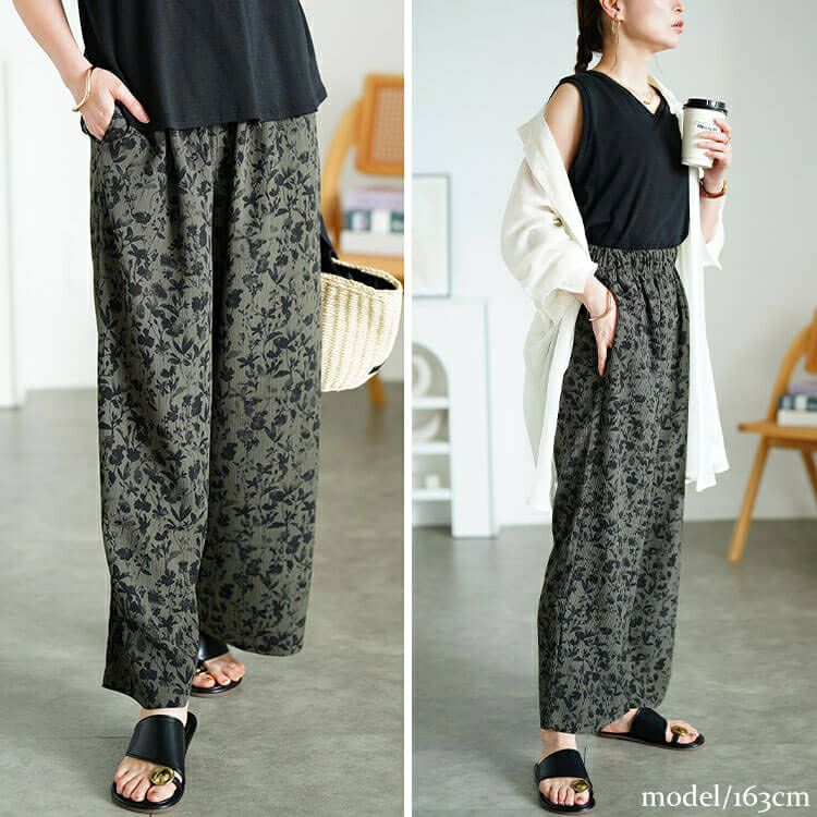 大きいサイズ レディース 花柄楊柳ワイドパンツ　maru-30191 【メール便可】