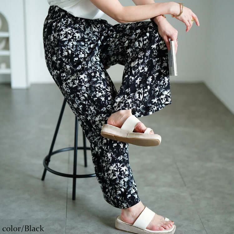 大きいサイズ レディース 花柄楊柳ワイドパンツ　maru-30191 【メール便可】 ブラック