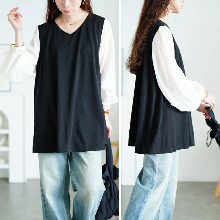 大きいサイズ レディース シアー袖切り替えVネックフレアチュニック　maru-30190 【メール便可】